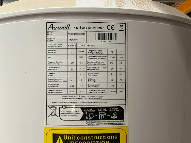 Airwell - tfhw-260h-03m25 r32 - warmtepompboiler - afbeelding 12 van  14