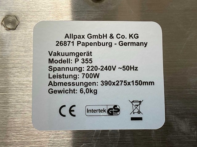 Allpax gmbh p355 vacuüm verpakkingsmachine / sealmachine - afbeelding 5 van  7