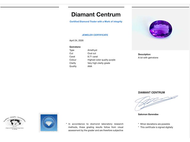 Amethist - grote natuurlijke amethist van zeer hoge kwaliteit 8.71 carat - afbeelding 3 van  5