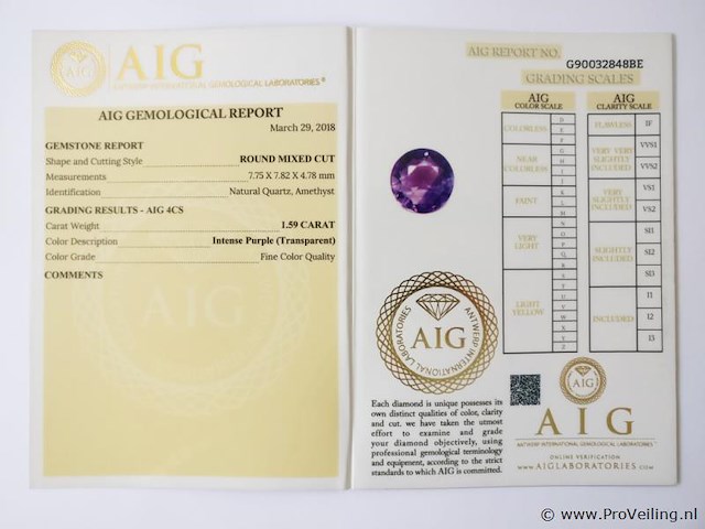 Amethyst 1.59ct aig certified - afbeelding 4 van  4
