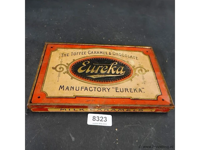 Antiek blik van de toffee-, karamel- en chocoladefabriek eureka (eureka rotterdam / the toffee-caramel & chocolate manufactory), waarschijnlijk geproduceerd in de vroege 20e eeuw door blikfabrikant bekkers dordrecht - afbeelding 2 van  5