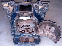 Antiek "brocant" hout/briketten kachel, lent moyen vif, kachel, blauw, +/- 1920 - afbeelding 1 van  3