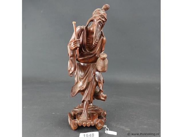 Antiek chinees gesneden rozenhouten beeld van een shou xing, de god van de levensduur - afbeelding 1 van  5