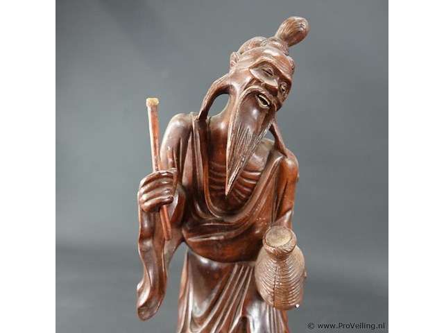 Antiek chinees gesneden rozenhouten beeld van een shou xing, de god van de levensduur - afbeelding 3 van  5