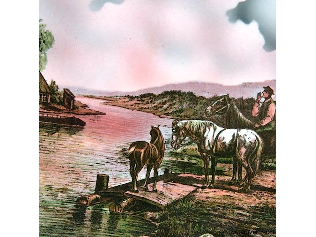 Antiek villeroy & boch wandbord met een landschap en paarden - afbeelding 3 van  5