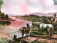 Antiek villeroy & boch wandbord met een landschap en paarden - afbeelding 3 van  5