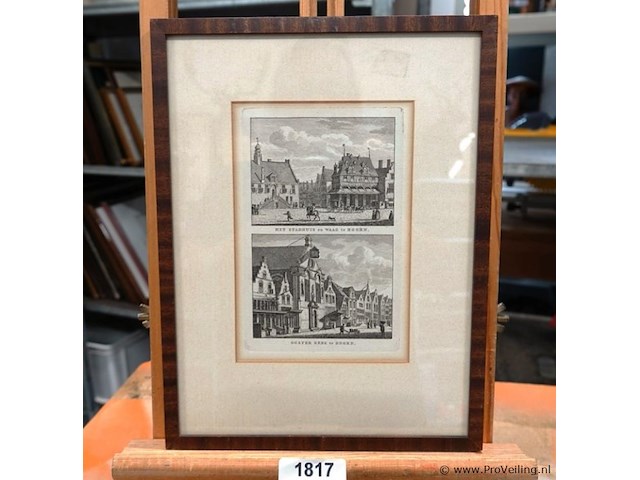 Antieke (ca. 1793) kopergravure titel 'het stadhuis en waag te hoorn. ooster kerk te hoorn'. - afbeelding 1 van  5