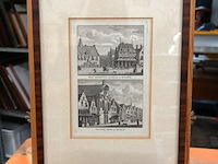 Antieke (ca. 1793) kopergravure titel 'het stadhuis en waag te hoorn. ooster kerk te hoorn'. - afbeelding 1 van  5