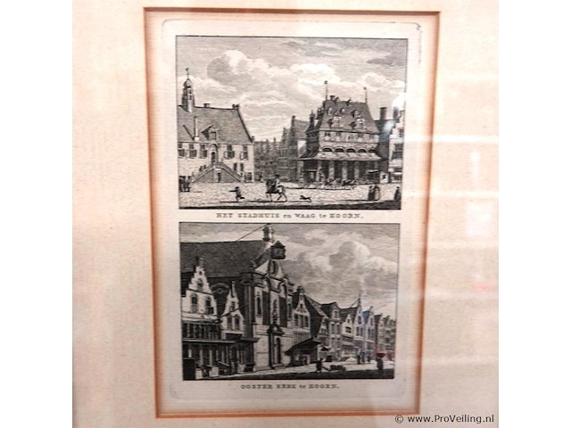 Antieke (ca. 1793) kopergravure titel 'het stadhuis en waag te hoorn. ooster kerk te hoorn'. - afbeelding 2 van  5