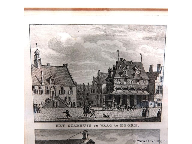 Antieke (ca. 1793) kopergravure titel 'het stadhuis en waag te hoorn. ooster kerk te hoorn'. - afbeelding 3 van  5