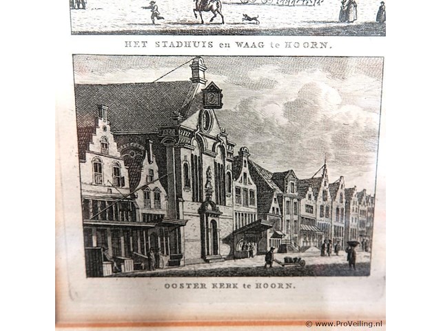 Antieke (ca. 1793) kopergravure titel 'het stadhuis en waag te hoorn. ooster kerk te hoorn'. - afbeelding 4 van  5