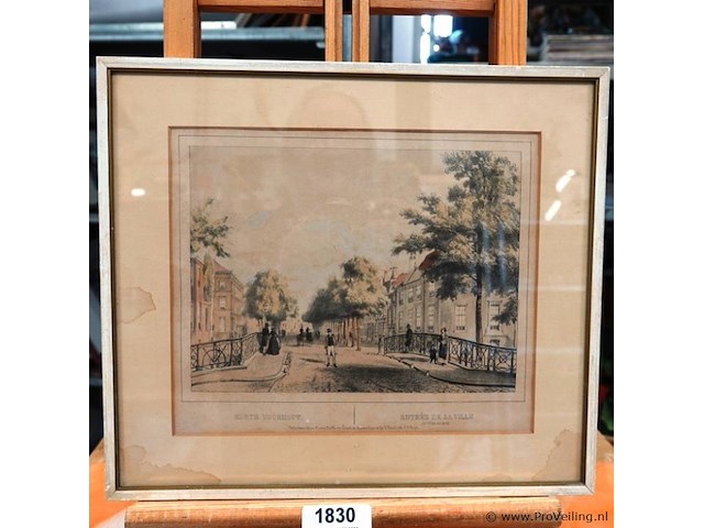 Antieke (ca. 1855) litho "korte voorhout / entrée de la ville du côté du bois" - afbeelding 1 van  5