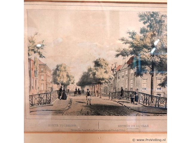 Antieke (ca. 1855) litho "korte voorhout / entrée de la ville du côté du bois" - afbeelding 2 van  5
