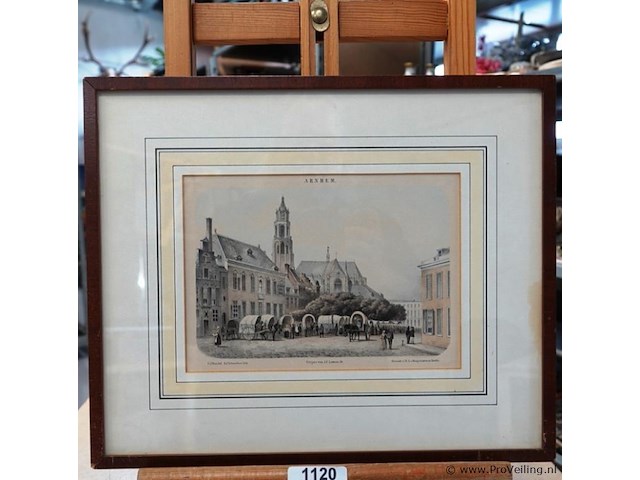 Antieke druk de grote markt in arnhem met de eusebiuskerk op de achtergrond. - afbeelding 1 van  5