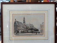 Antieke druk de grote markt in arnhem met de eusebiuskerk op de achtergrond. - afbeelding 1 van  5