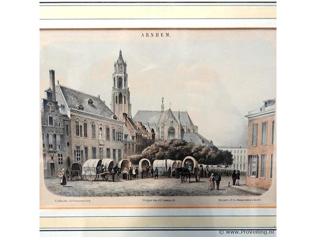 Antieke druk de grote markt in arnhem met de eusebiuskerk op de achtergrond. - afbeelding 2 van  5