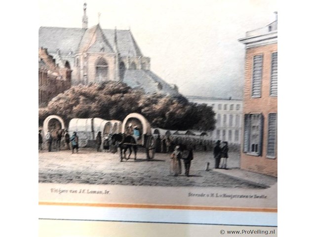 Antieke druk de grote markt in arnhem met de eusebiuskerk op de achtergrond. - afbeelding 3 van  5