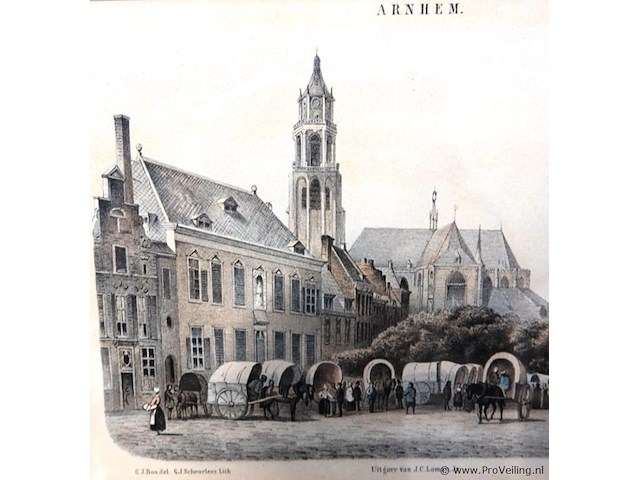 Antieke druk de grote markt in arnhem met de eusebiuskerk op de achtergrond. - afbeelding 4 van  5