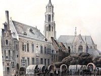 Antieke druk de grote markt in arnhem met de eusebiuskerk op de achtergrond. - afbeelding 4 van  5