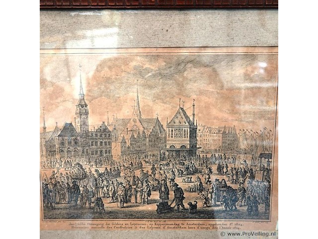 Antieke druk jaarlijkse ommegang der gilden en leproozen op koppersmaandag te amsterdam - afbeelding 2 van  5