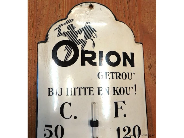 Antieke emaille reclamebuitenthermometer van de oliefabriek 'orion' van jan van heijningen uit zaandam, gemaakt rond 1920 - afbeelding 3 van  6