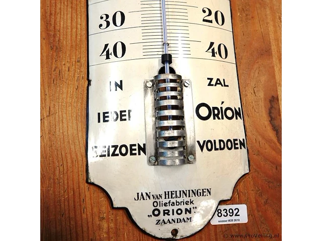 Antieke emaille reclamebuitenthermometer van de oliefabriek 'orion' van jan van heijningen uit zaandam, gemaakt rond 1920 - afbeelding 4 van  6