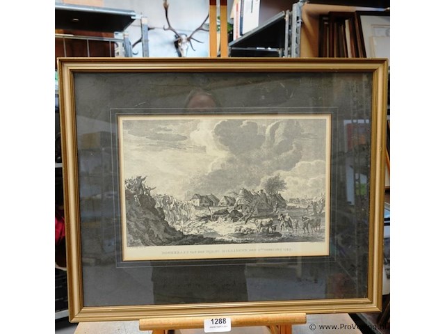 Antieke ets de dijkdoorbraak bij millingen aan de rijn op 7 februari 1799 - afbeelding 1 van  5