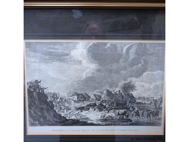 Antieke ets de dijkdoorbraak bij millingen aan de rijn op 7 februari 1799 - afbeelding 2 van  5