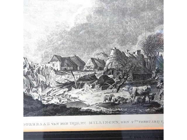 Antieke ets de dijkdoorbraak bij millingen aan de rijn op 7 februari 1799 - afbeelding 3 van  5
