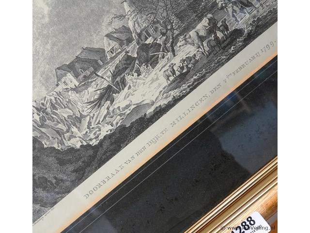 Antieke ets de dijkdoorbraak bij millingen aan de rijn op 7 februari 1799 - afbeelding 4 van  5