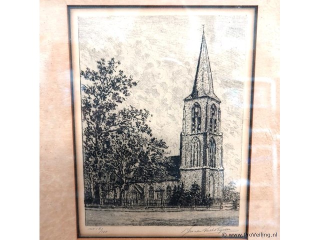 Antieke ets de hervormde kerk in sleen - afbeelding 2 van  5
