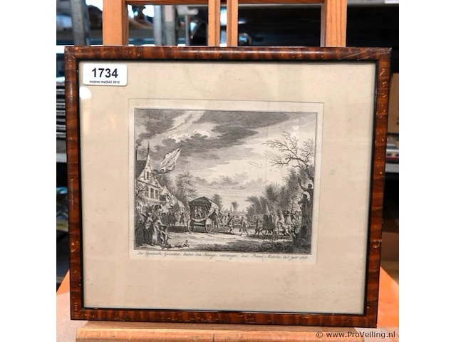 Antieke ets getiteld "de spaansche gezanten, buiten den haage, ontvangen, door prinse maurits, in 't jaar 1608", gemaakt door de nederlandse kunstenaar simon fokke (1712–1784) rond 1753 voor jan wagenaars werk vaderlandsche historie - afbeelding 1 van  5