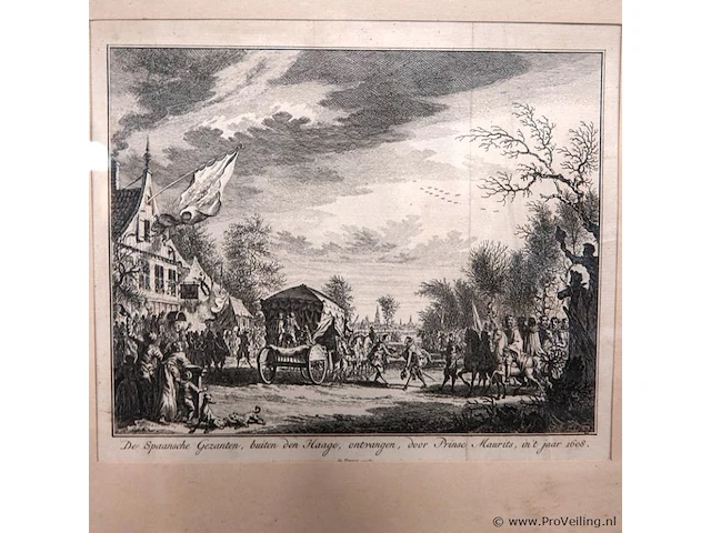 Antieke ets getiteld "de spaansche gezanten, buiten den haage, ontvangen, door prinse maurits, in 't jaar 1608", gemaakt door de nederlandse kunstenaar simon fokke (1712–1784) rond 1753 voor jan wagenaars werk vaderlandsche historie - afbeelding 2 van  5