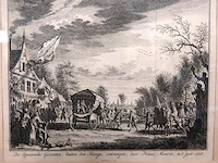 Antieke ets getiteld "de spaansche gezanten, buiten den haage, ontvangen, door prinse maurits, in 't jaar 1608", gemaakt door de nederlandse kunstenaar simon fokke (1712–1784) rond 1753 voor jan wagenaars werk vaderlandsche historie - afbeelding 2 van  5
