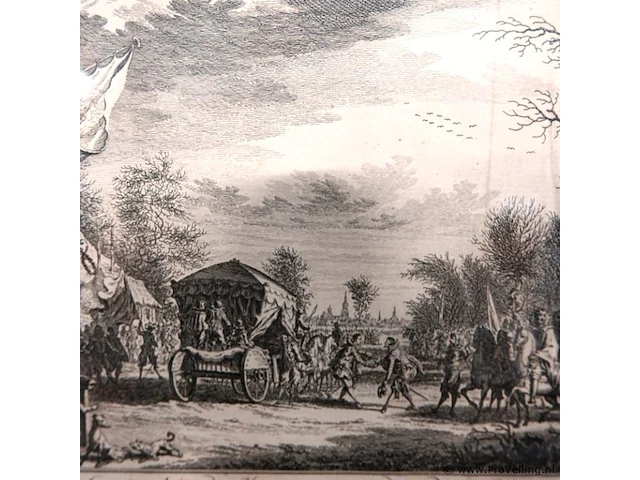Antieke ets getiteld "de spaansche gezanten, buiten den haage, ontvangen, door prinse maurits, in 't jaar 1608", gemaakt door de nederlandse kunstenaar simon fokke (1712–1784) rond 1753 voor jan wagenaars werk vaderlandsche historie - afbeelding 5 van  5