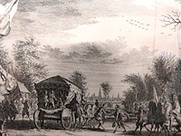 Antieke ets getiteld "de spaansche gezanten, buiten den haage, ontvangen, door prinse maurits, in 't jaar 1608", gemaakt door de nederlandse kunstenaar simon fokke (1712–1784) rond 1753 voor jan wagenaars werk vaderlandsche historie - afbeelding 5 van  5