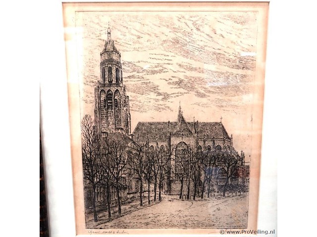 Antieke ets grote markt arnhem - afbeelding 2 van  5