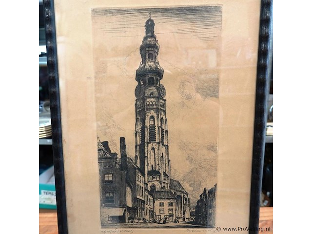 Antieke ets lange jan te middelburg - afbeelding 2 van  5