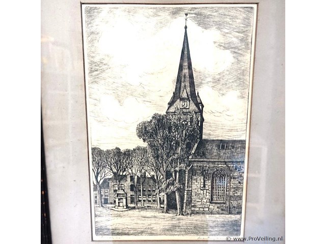 Antieke ets nederlandse hervormde kerk in enschede - afbeelding 2 van  5