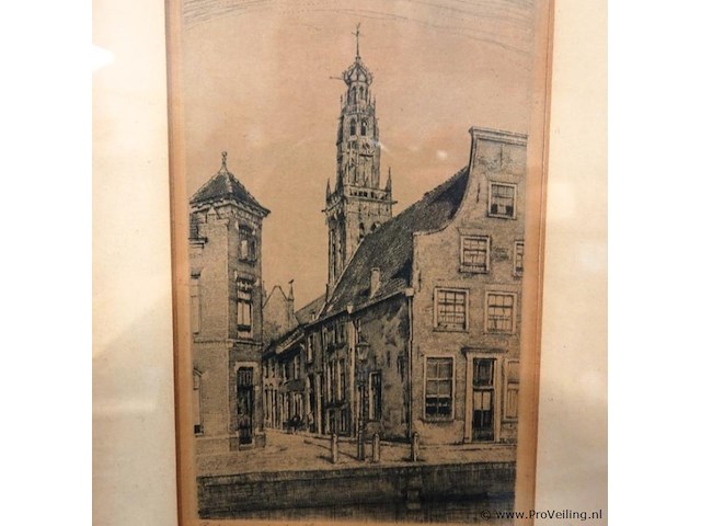 Antieke ets toont de bakenesserkerk in haarlem - afbeelding 2 van  5