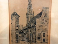 Antieke ets toont de bakenesserkerk in haarlem - afbeelding 2 van  5