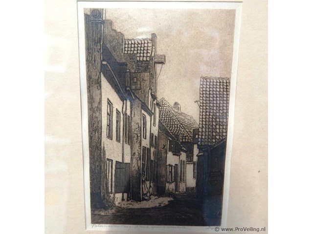 Antieke ets toont de paternostersteeg in amersfoort. - afbeelding 2 van  5