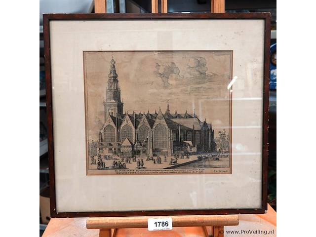 Antieke ets van de oude kerk in amsterdam - afbeelding 1 van  5