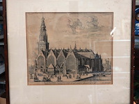 Antieke ets van de oude kerk in amsterdam - afbeelding 1 van  5