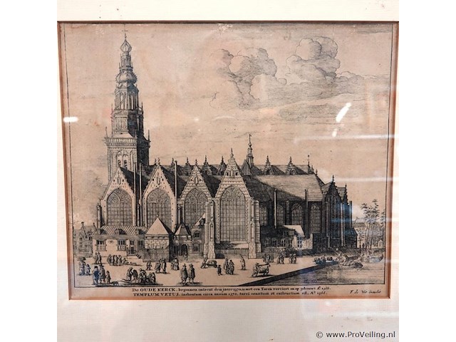 Antieke ets van de oude kerk in amsterdam - afbeelding 2 van  5