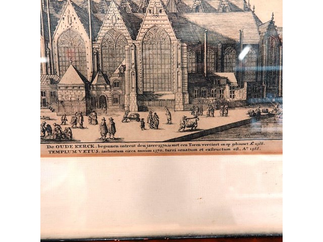 Antieke ets van de oude kerk in amsterdam - afbeelding 3 van  5