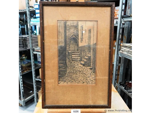 Antieke ets van een middeleeuws straatje in brugge, gesigneerd door de kunstenaar j.k. brugge - afbeelding 1 van  5