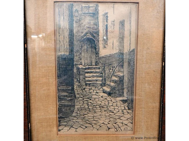 Antieke ets van een middeleeuws straatje in brugge, gesigneerd door de kunstenaar j.k. brugge - afbeelding 2 van  5