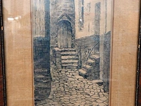 Antieke ets van een middeleeuws straatje in brugge, gesigneerd door de kunstenaar j.k. brugge - afbeelding 2 van  5