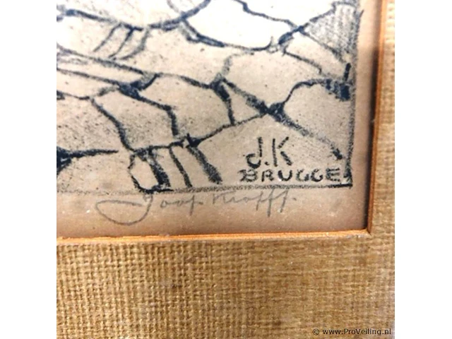 Antieke ets van een middeleeuws straatje in brugge, gesigneerd door de kunstenaar j.k. brugge - afbeelding 3 van  5
